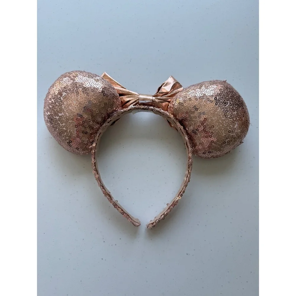 Disney Parks Minnie Mouse Rose Gold Sequin Ears Headband Metallic Bow Accessory